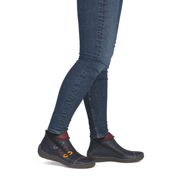Rieker 72581-14 women's blue side zip ankle boots, on-foot lifestyle view.