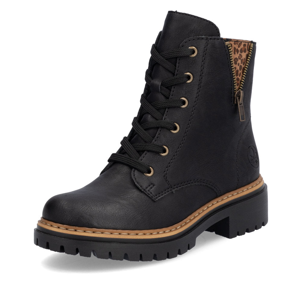 Rieker 72617-00 women's black zip & lace ankle boots, front three-quarter view.