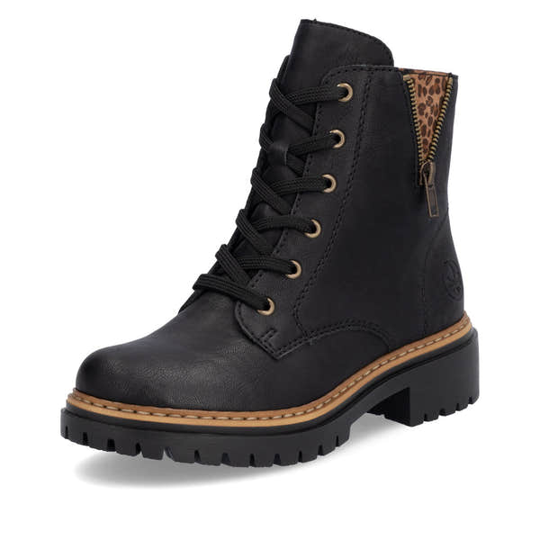 Rieker 72617-00 women's black zip & lace ankle boots, front three-quarter view.