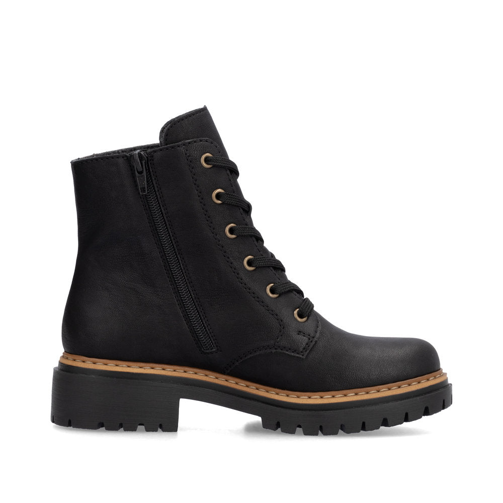 Rieker 72617-00 women's black zip & lace ankle boots, outer side view.