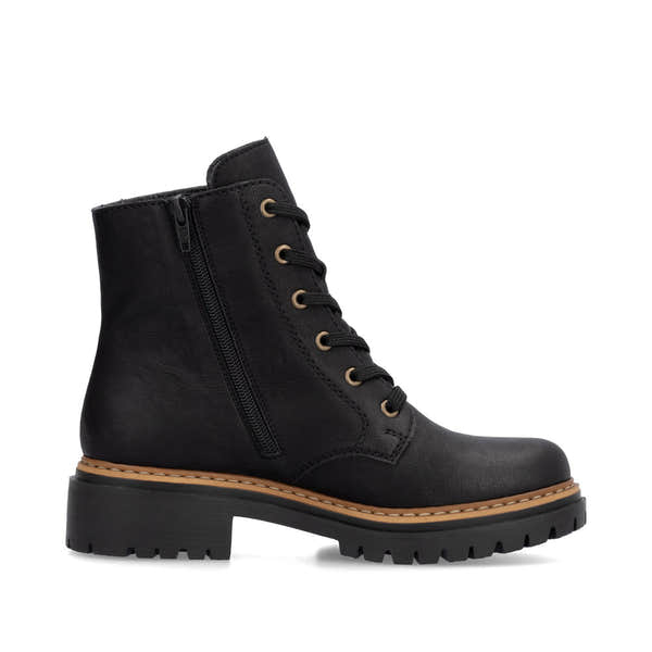 Rieker 72617-00 women's black zip & lace ankle boots, outer side view.