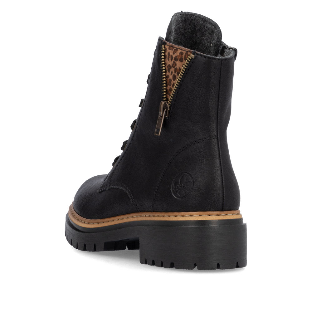 Rieker 72617-00 women's black zip & lace ankle boots, rear three-quarter view.