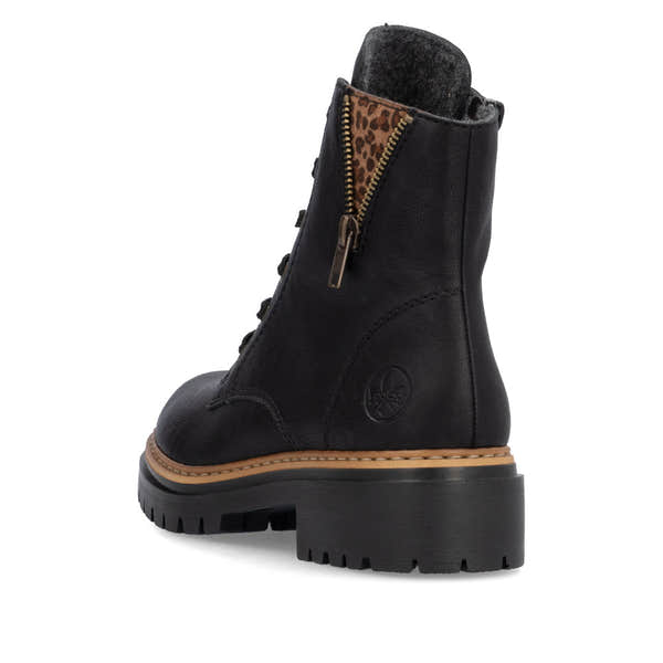 Rieker 72617-00 women's black zip & lace ankle boots, rear three-quarter view.