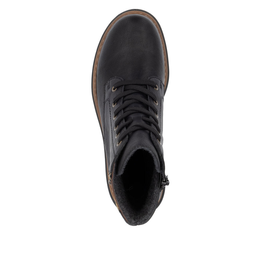Rieker 72617-00 women's black zip & lace ankle boots, top view.