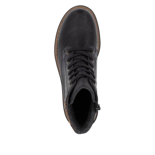 Rieker 72617-00 women's black zip & lace ankle boots, top view.