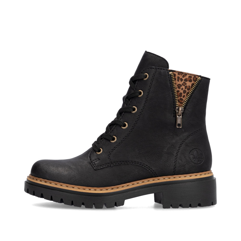 Rieker 72617-00 women's black zip & lace ankle boots, inner side view.