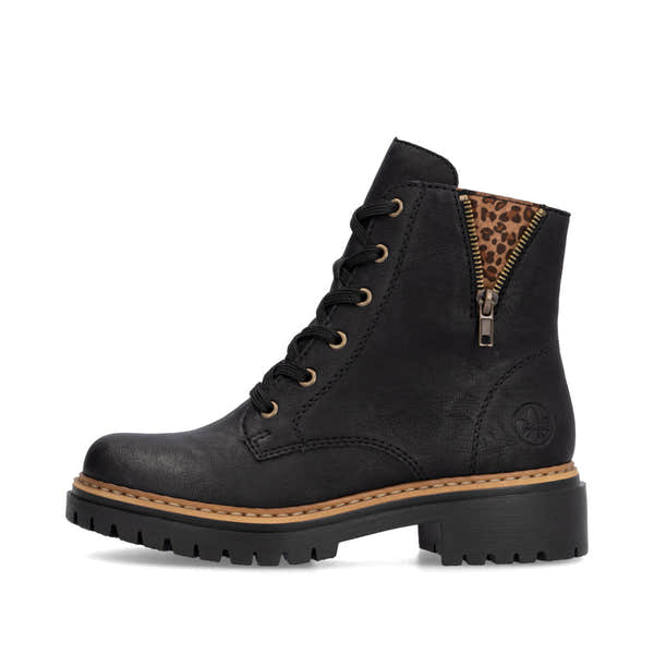 Rieker 72617-00 women's black zip & lace ankle boots, inner side view.