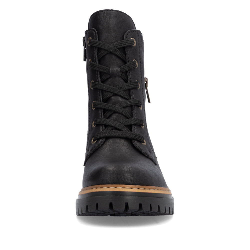 Rieker 72617-00 women's black zip & lace ankle boots, front view.