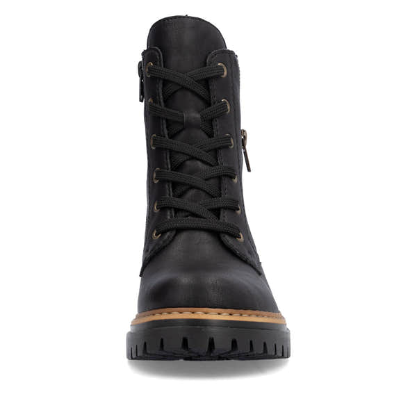 Rieker 72617-00 women's black zip & lace ankle boots, front view.