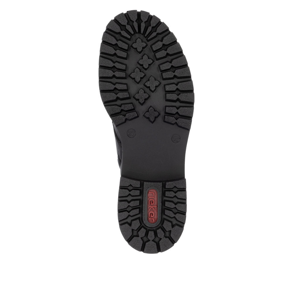 Rieker 72617-00 women's black zip & lace ankle boots, sole and tread view.
