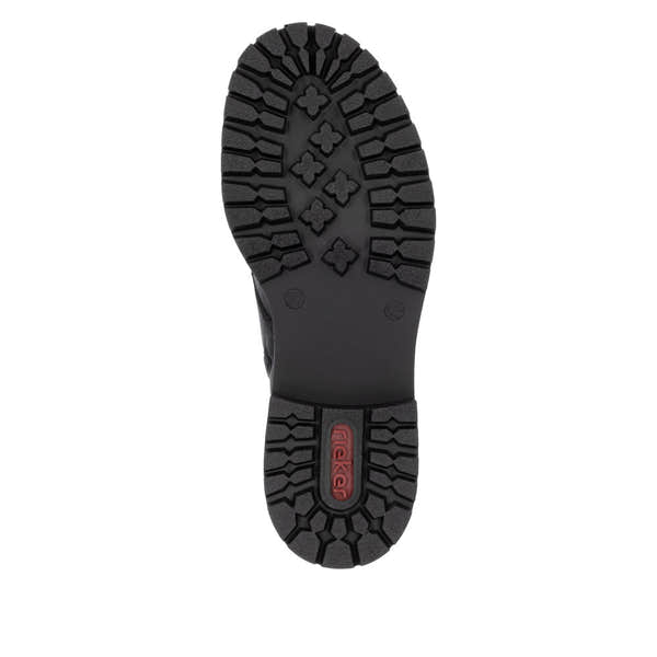 Rieker 72617-00 women's black zip & lace ankle boots, sole and tread view.