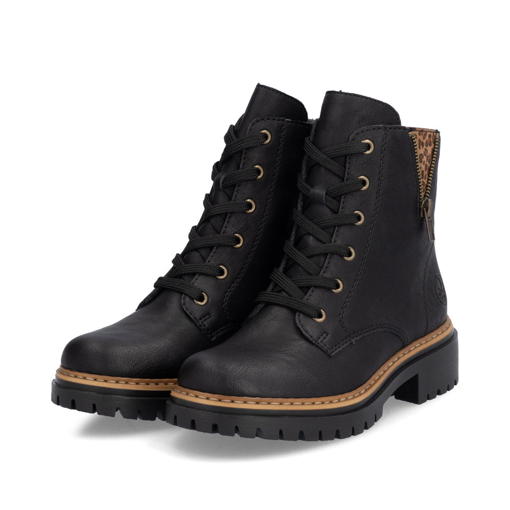 Rieker 72617-00 women's black zip & lace ankle boots, paired three-quarter view.