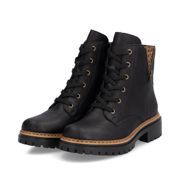 Rieker 72617-00 women's black zip & lace ankle boots, paired three-quarter view.