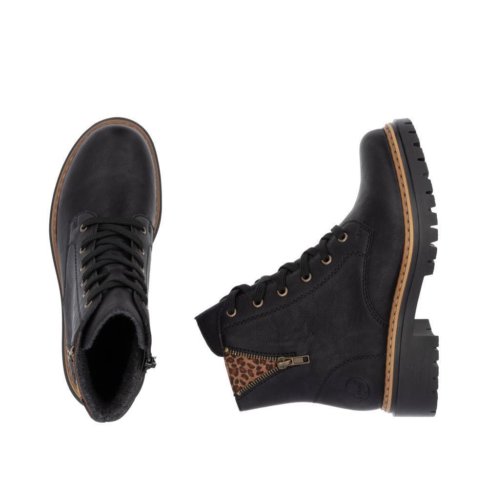 Rieker 72617-00 women's black zip & lace ankle boots, two-angle product view.