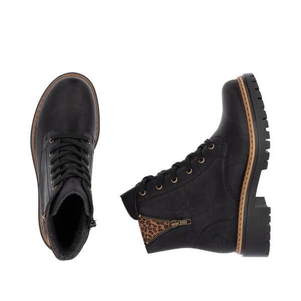 Rieker 72617-00 women's black zip & lace ankle boots, two-angle product view.