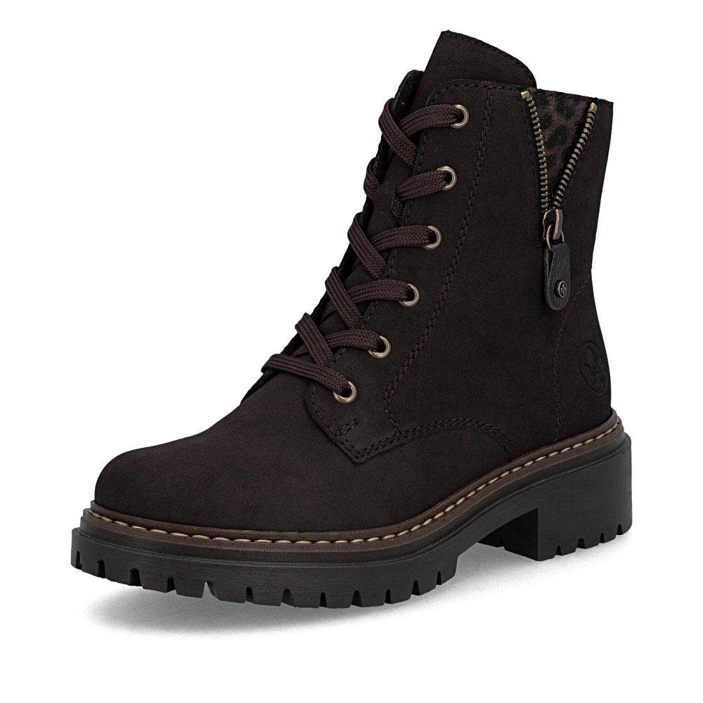 Rieker 72617-25 women's brown zip & lace ankle boots, front three-quarter view.