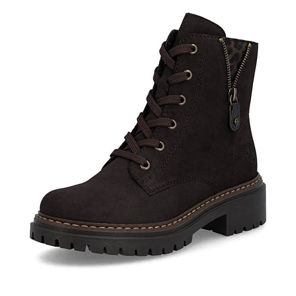 Rieker 72617-25 women's brown zip & lace ankle boots, front three-quarter view.