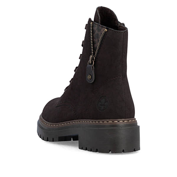 Rieker 72617-25 women's brown zip & lace ankle boots, rear three-quarter view.