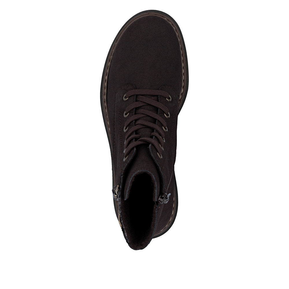 Rieker 72617-25 women's brown zip & lace ankle boots, top view.