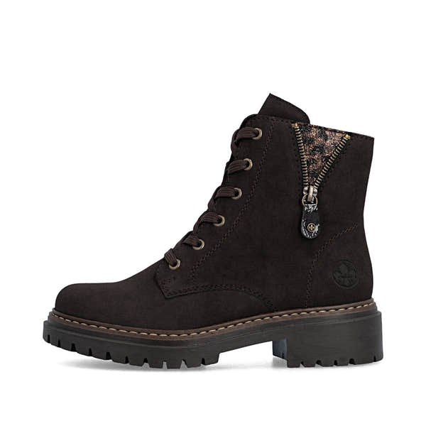 Rieker 72617-25 women's brown zip & lace ankle boots, inner side view.