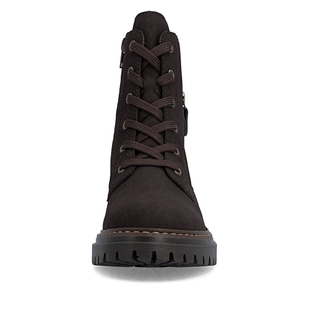 Rieker 72617-25 women's brown zip & lace ankle boots, front view.