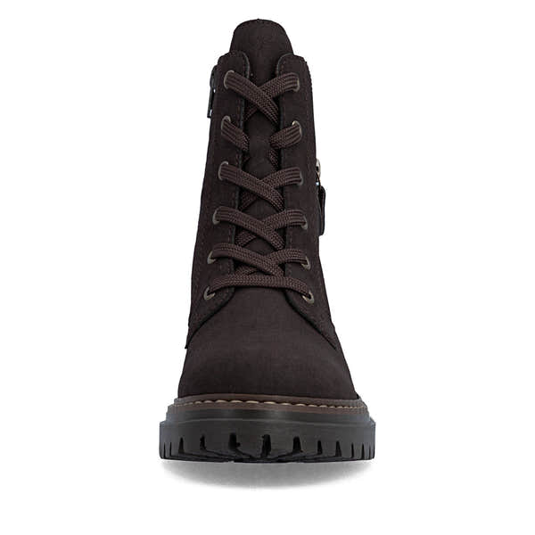 Rieker 72617-25 women's brown zip & lace ankle boots, front view.