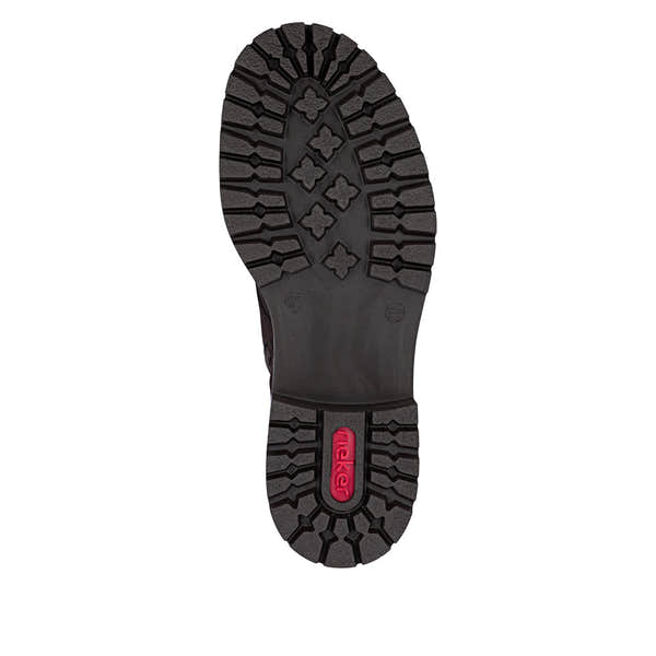 Rieker 72617-25 women's brown zip & lace ankle boots, sole and tread view.