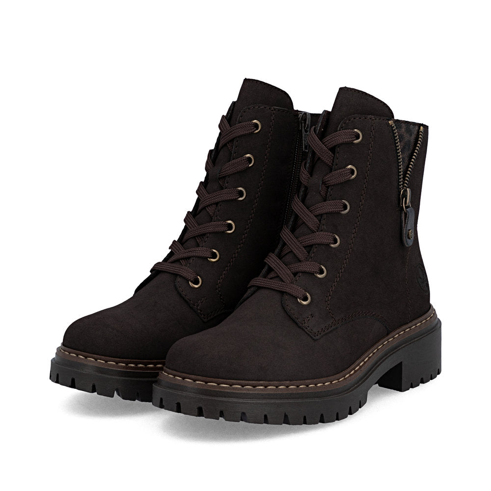 Rieker 72617-25 women's brown zip & lace ankle boots, paired three-quarter view.