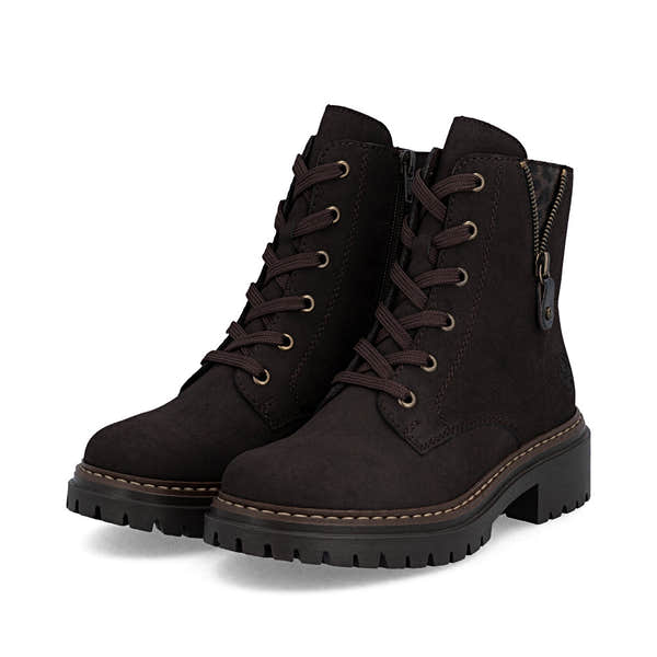 Rieker 72617-25 women's brown zip & lace ankle boots, paired three-quarter view.
