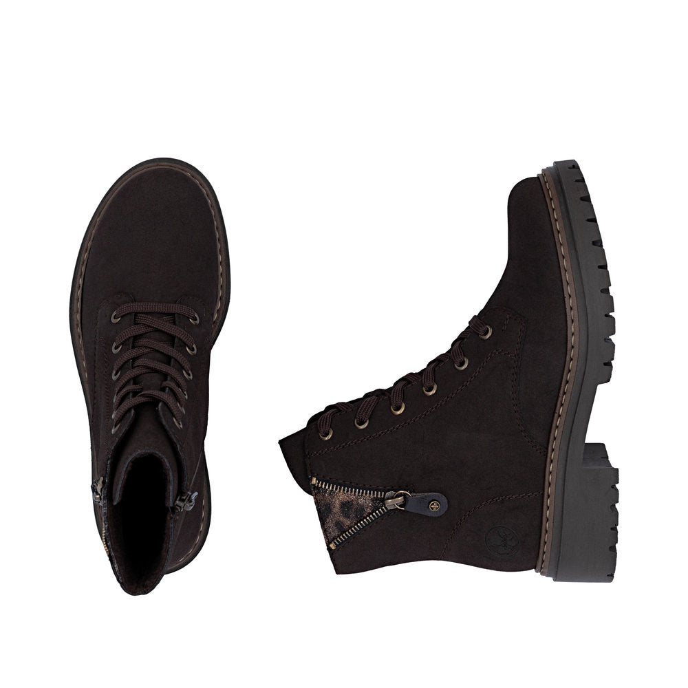 Rieker 72617-25 women's brown zip & lace ankle boots, two-angle product view.
