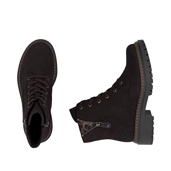 Rieker 72617-25 women's brown zip & lace ankle boots, two-angle product view.