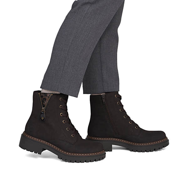 Rieker 72617-25 women's brown zip & lace ankle boots, on-foot lifestyle view.