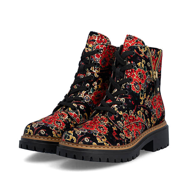 Rieker 72617-90 women's multi textile zip & lace ankle boots, paired three-quarter view.
