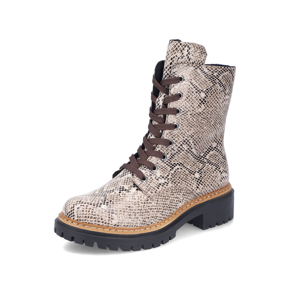 Rieker 72627-64 women's beige/black vegan zip & lace ankle boots, front three-quarter view.