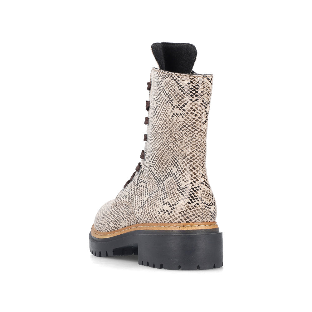 Rieker 72627-64 women's beige/black vegan zip & lace ankle boots, rear three-quarter view.