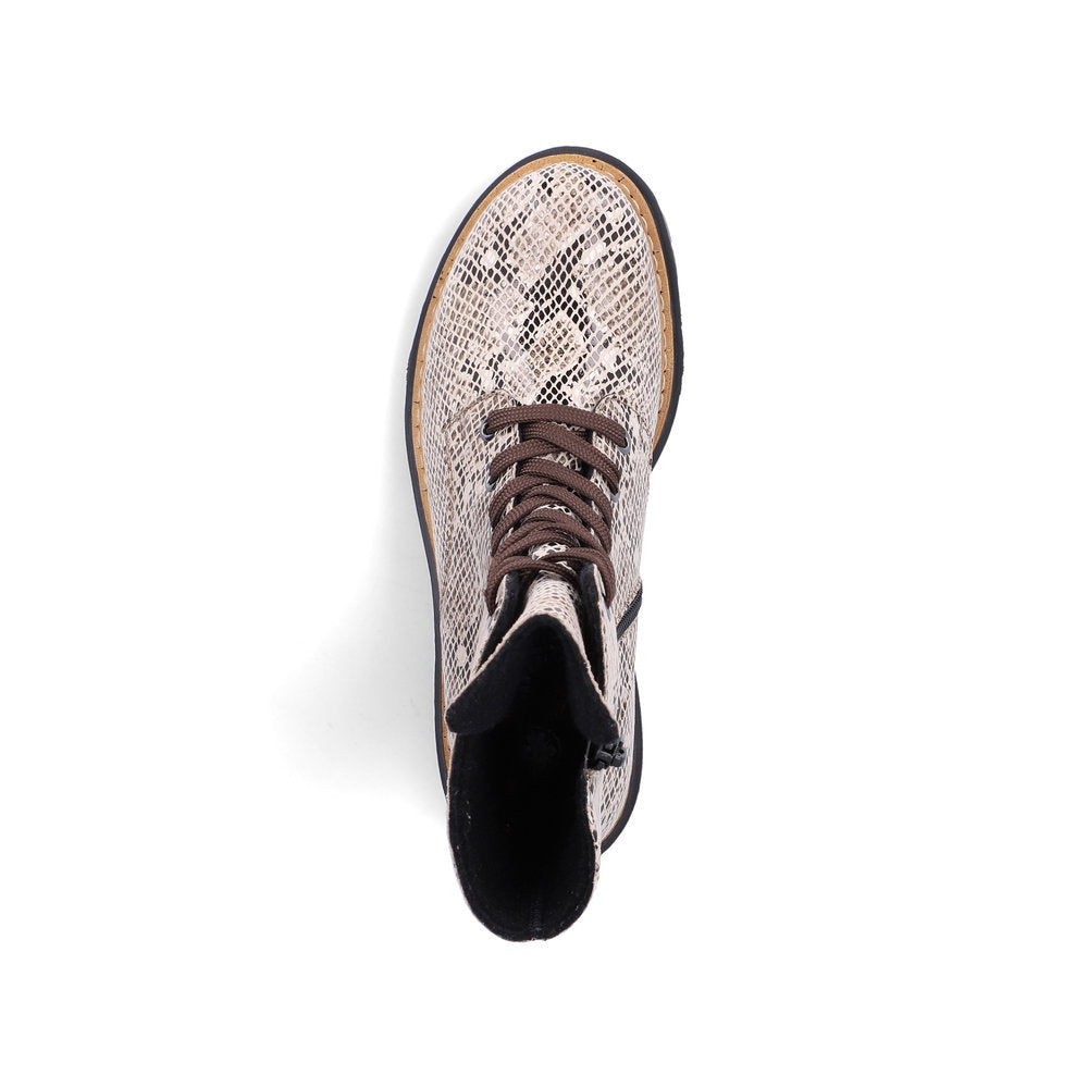 Rieker 72627-64 women's beige/black vegan zip & lace ankle boots, top view.