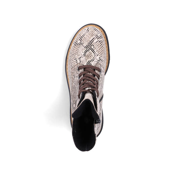 Rieker 72627-64 women's beige/black vegan zip & lace ankle boots, top view.