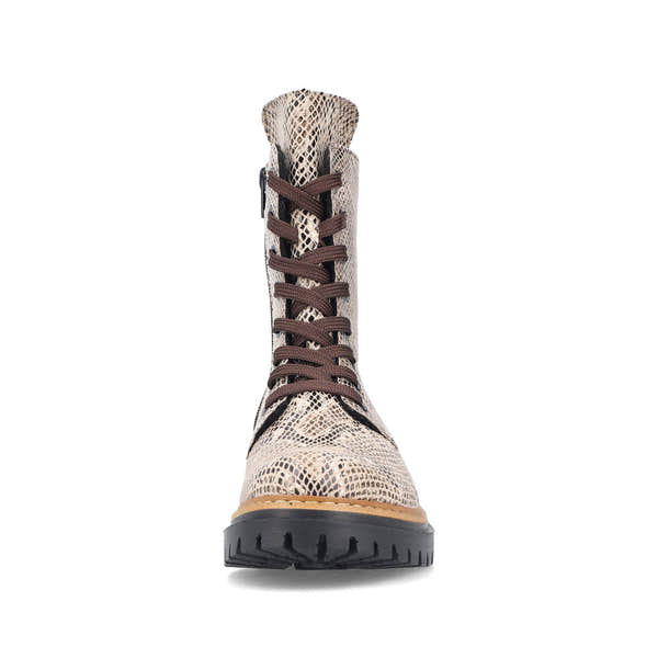 Rieker 72627-64 women's beige/black vegan zip & lace ankle boots, front view.