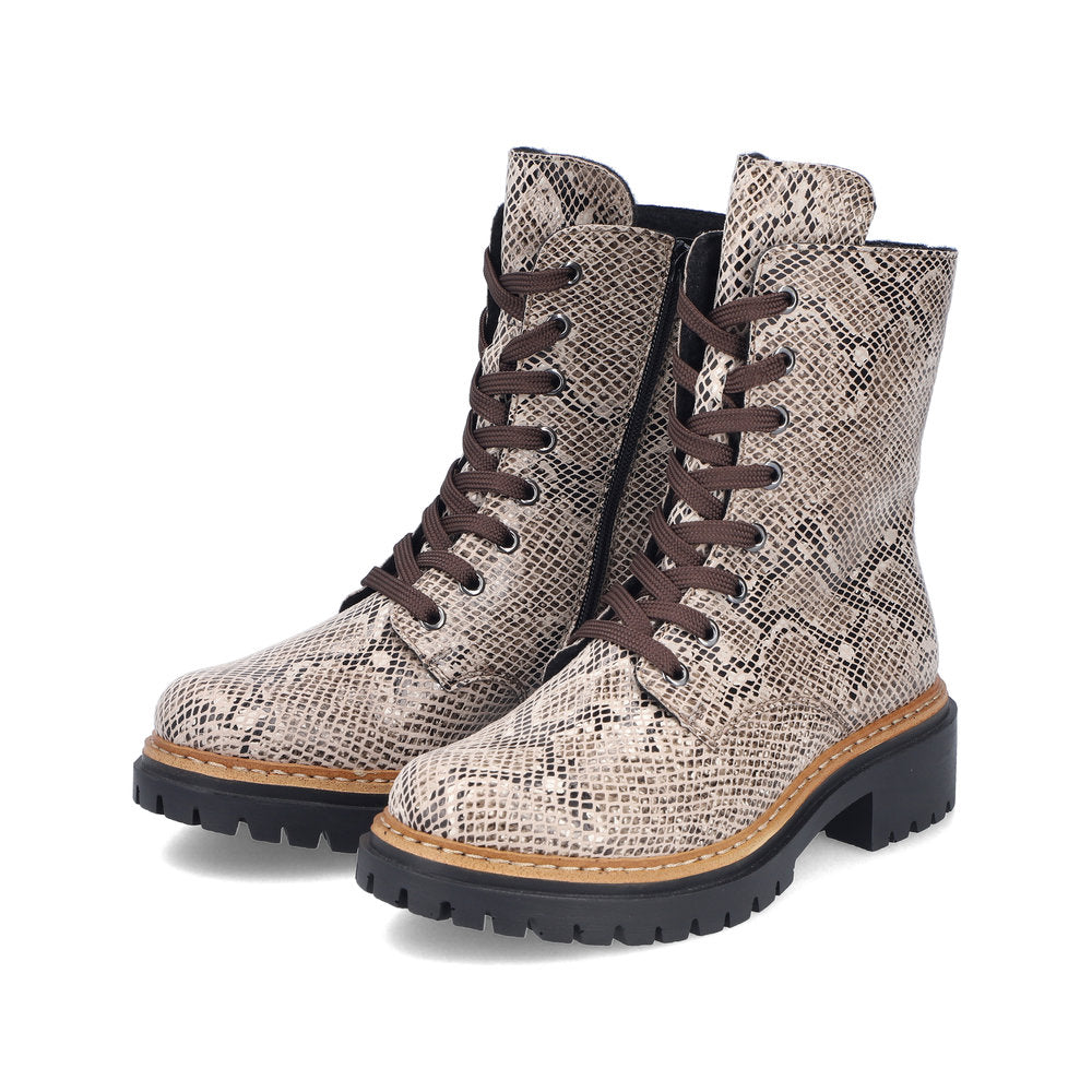 Rieker 72627-64 women's beige/black vegan zip & lace ankle boots, paired three-quarter view.