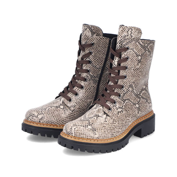 Rieker 72627-64 women's beige/black vegan zip & lace ankle boots, paired three-quarter view.