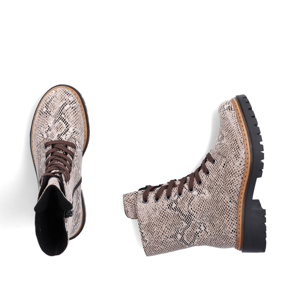 Rieker 72627-64 women's beige/black vegan zip & lace ankle boots, two-angle product view.