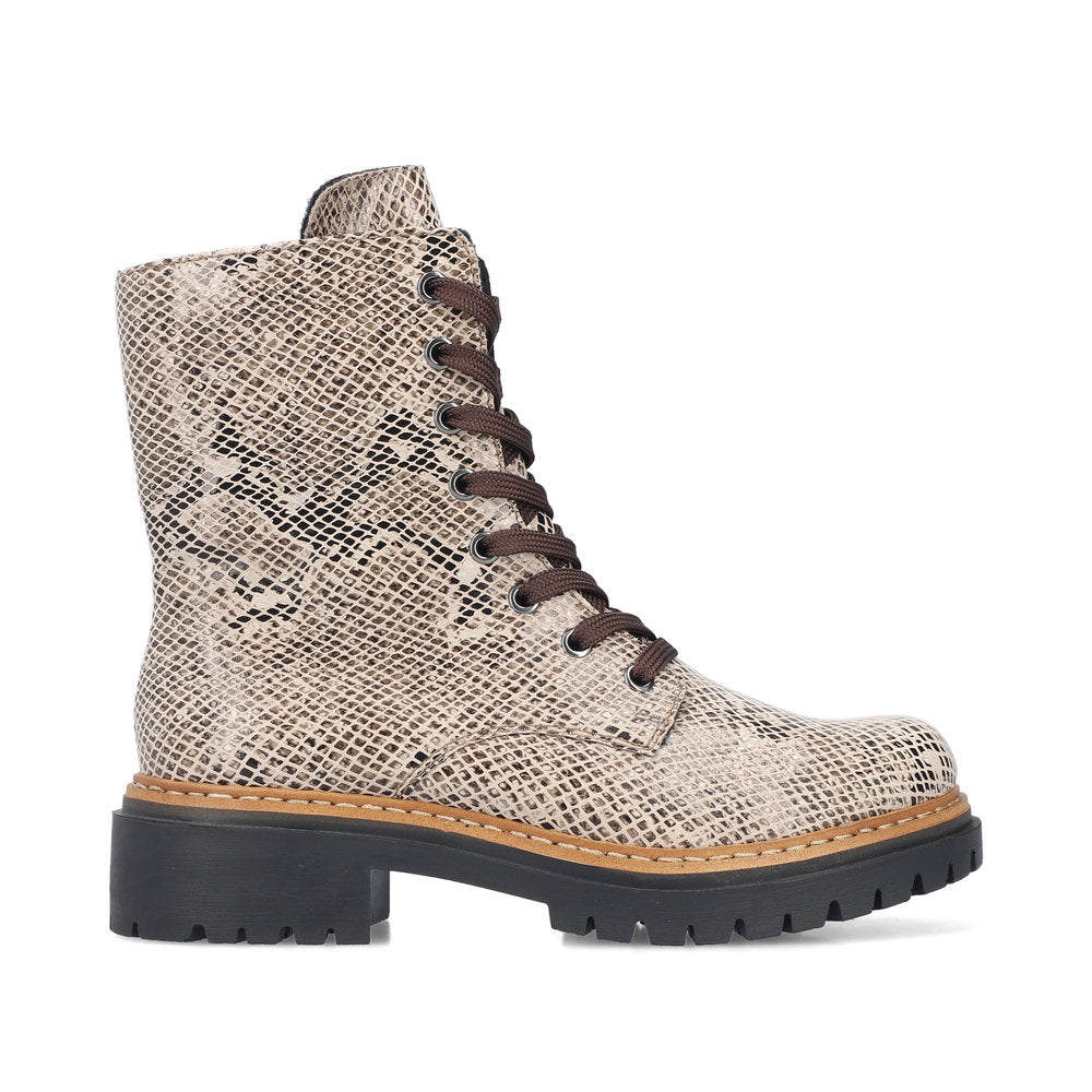 Rieker 72627-64 women's beige/black vegan zip & lace ankle boots, opposite side view.