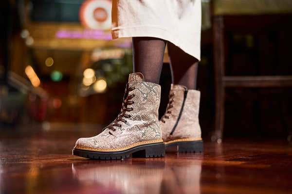 Rieker 72627-64 women's beige/black vegan zip & lace ankle boots, lifestyle view 6 of 6.