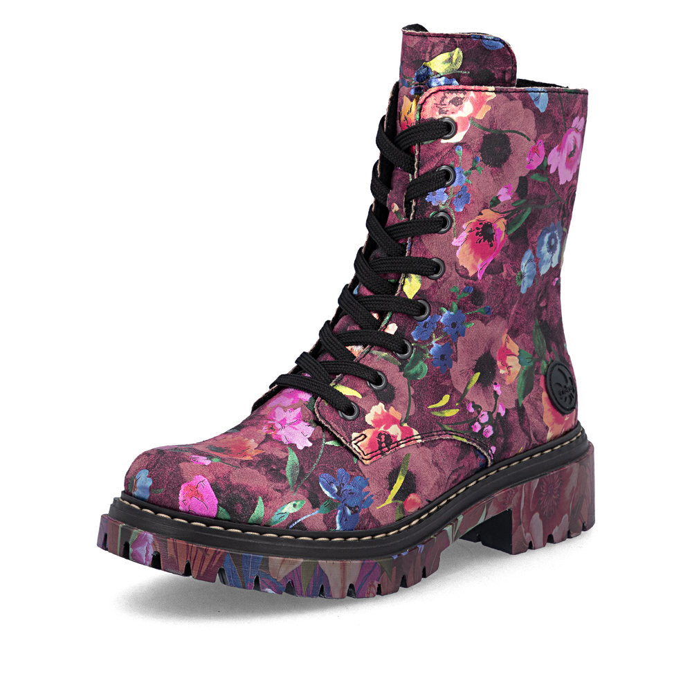 Rieker 72627-92 women's multi vegan zip & lace ankle boots, front three-quarter view.