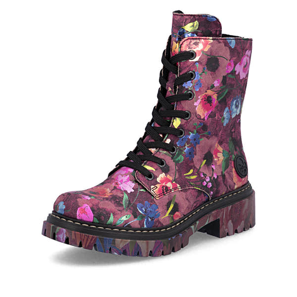 Rieker 72627-92 women's multi vegan zip & lace ankle boots, front three-quarter view.