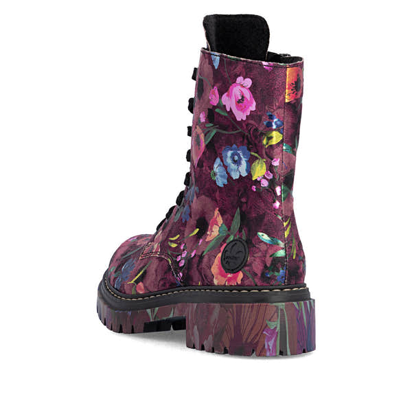Rieker 72627-92 women's multi vegan zip & lace ankle boots, rear three-quarter view.