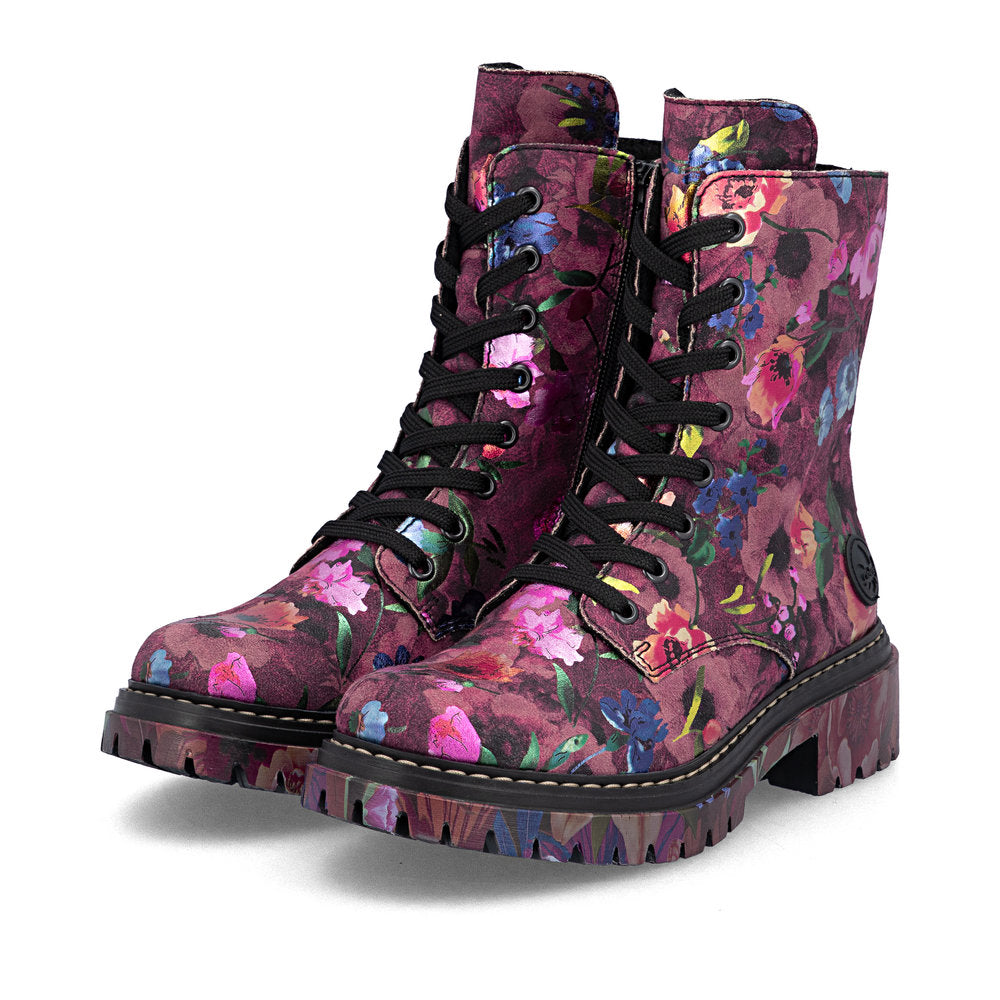 Rieker 72627-92 women's multi vegan zip & lace ankle boots, paired three-quarter view.