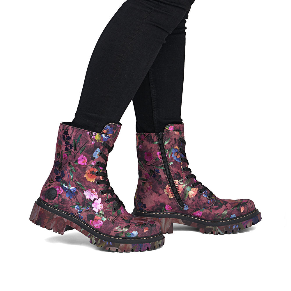 Rieker 72627-92 women's multi vegan zip & lace ankle boots, on-foot lifestyle view.