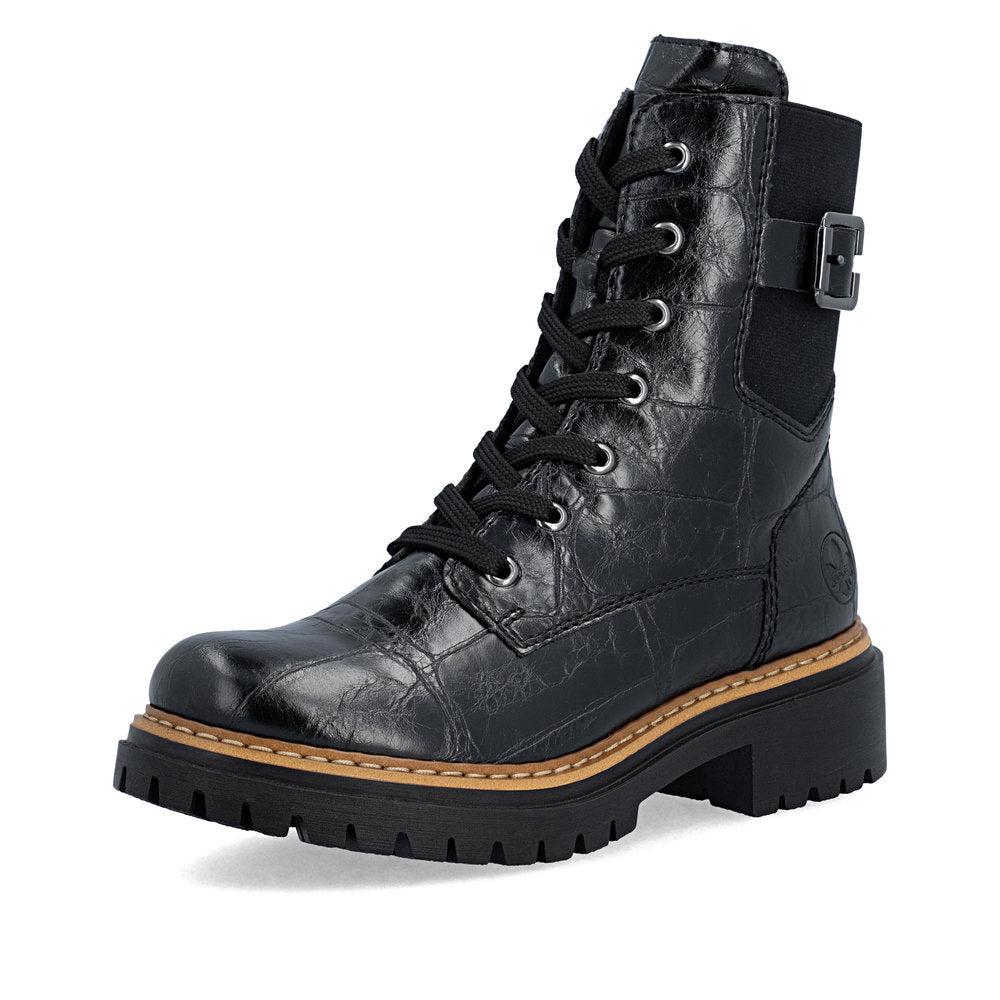 Rieker 72631-01 women's black zip & lace mid-calf boots, front three-quarter view.