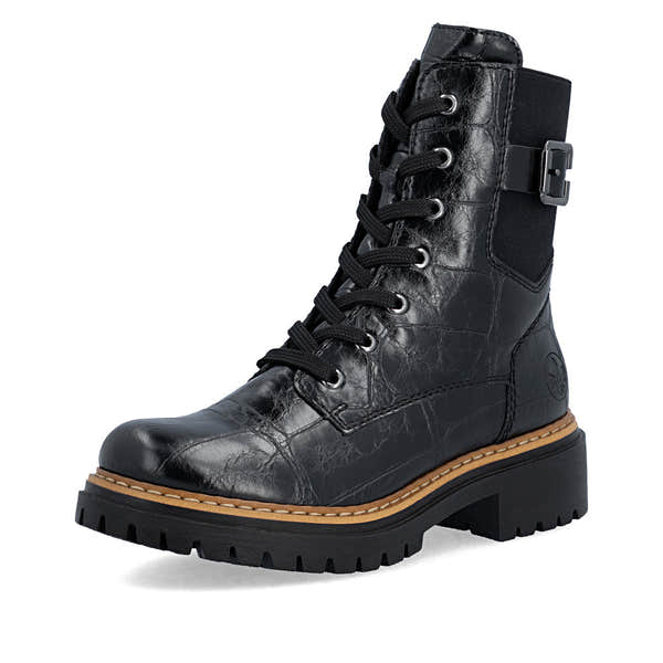 Rieker 72631-01 women's black zip & lace mid-calf boots, front three-quarter view.